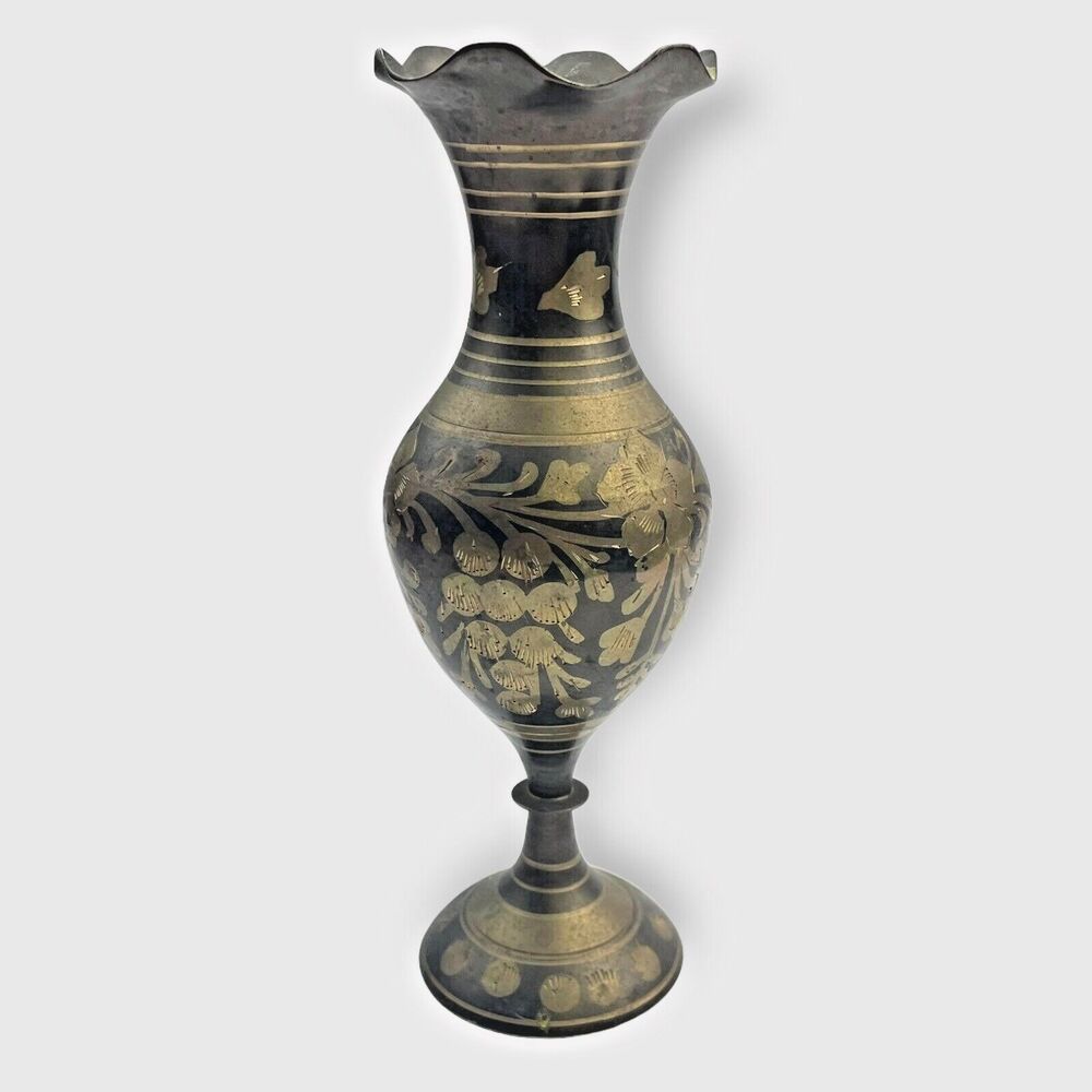 VTG Brass Small Decorative Vase Ruffle Edge Etched Floral 7.5" Tall Bud Vase